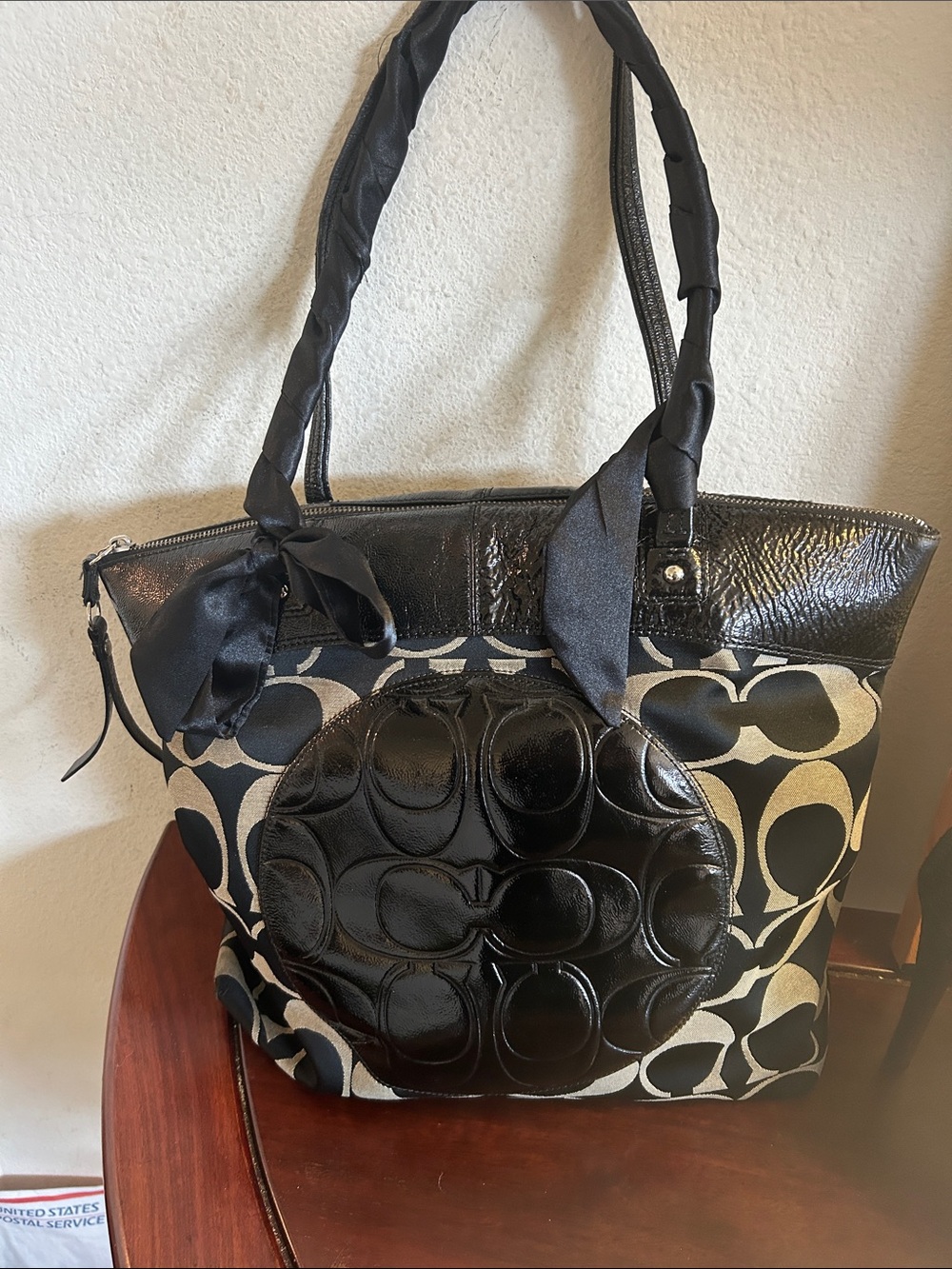 Coach Black & Cream Signature Canvas Tote with Patent Leather Accents